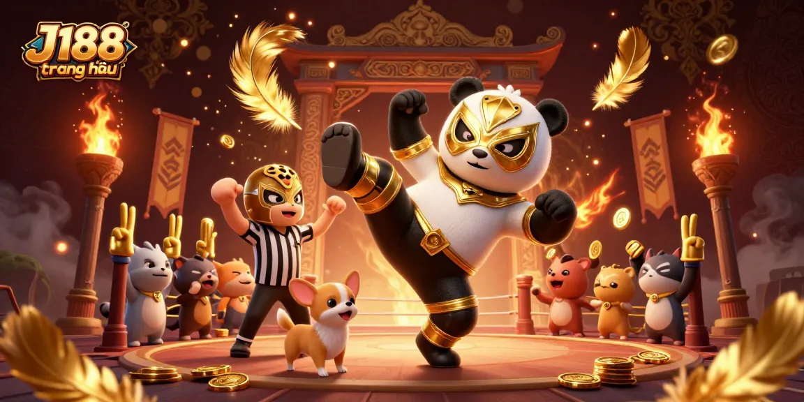 Experience thrilling action and excitement at J188 trang chủ with a wrestling panda and lively animal spectators.