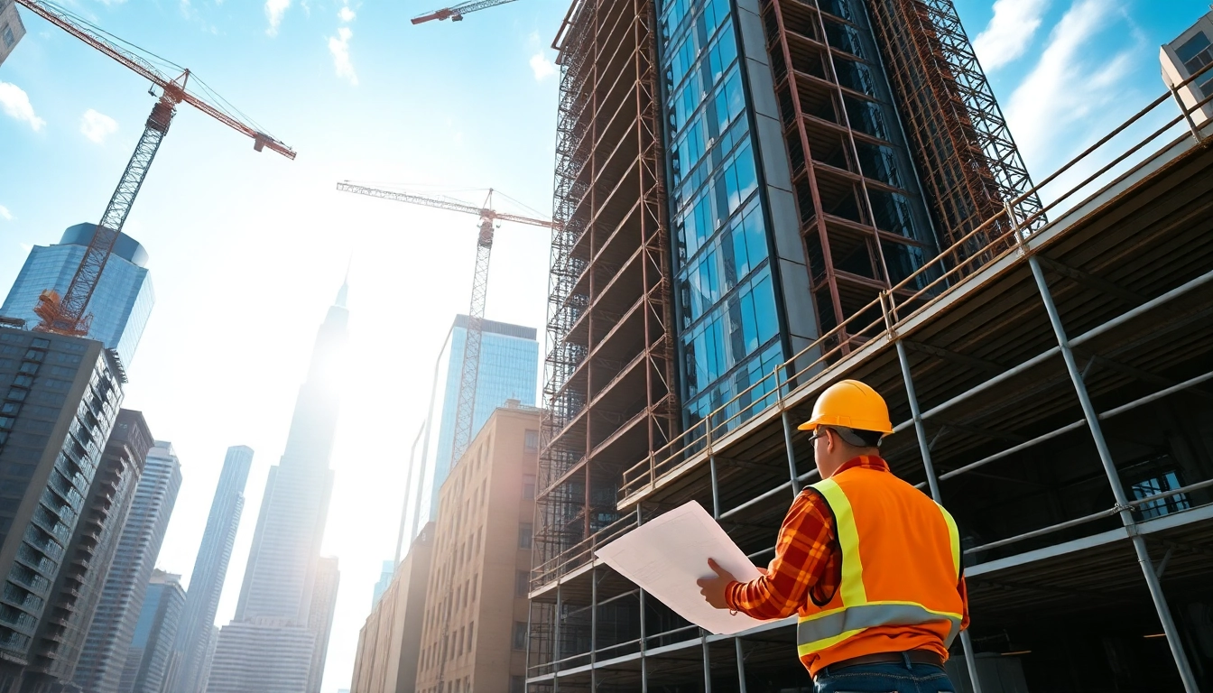 New York Commercial General Contractor overseeing a bustling construction site in a vibrant NYC environment.