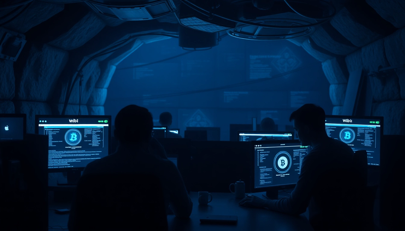 Explore the hidden wiki of the dark web with individuals analyzing data in a dimly lit setting.