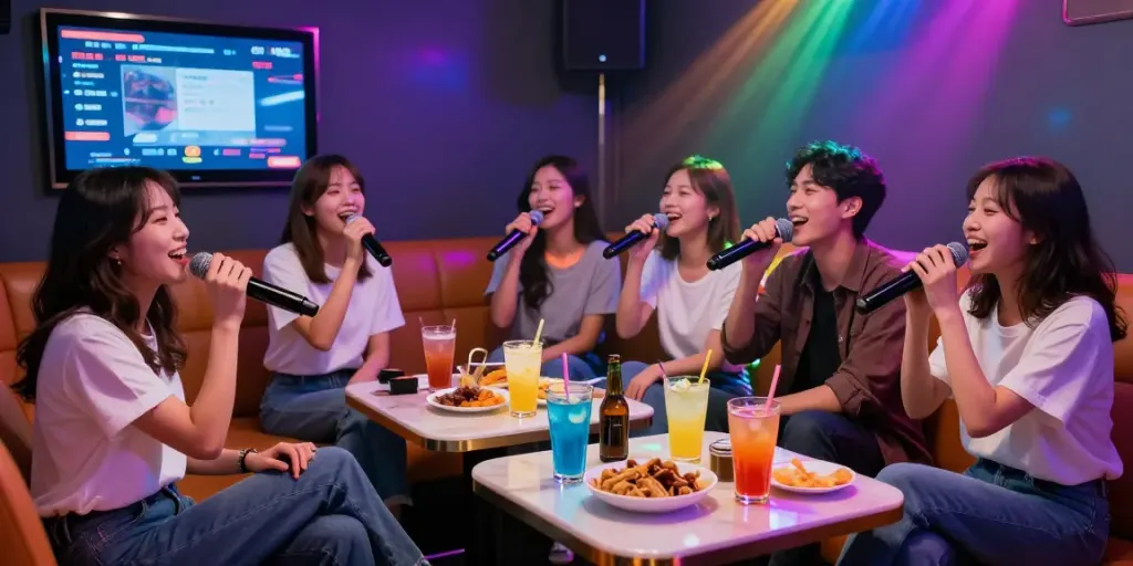 강남도파민의 즐거운 가라오케 분위기, 친구들이 함께 노래하며 술과 음식을 즐기는 모습.