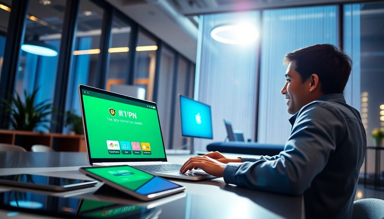 现代办公室中的快连 VPN 应用，象征专业人士的安全与稳定。