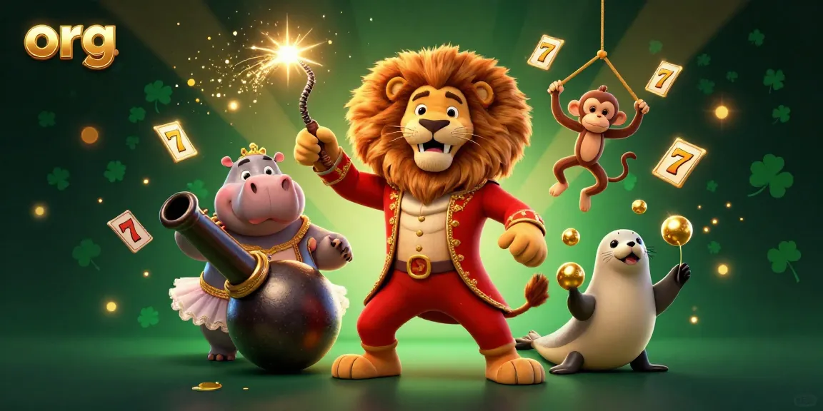 Spin slots at org with a vibrant circus scene featuring bright characters and casino elements.