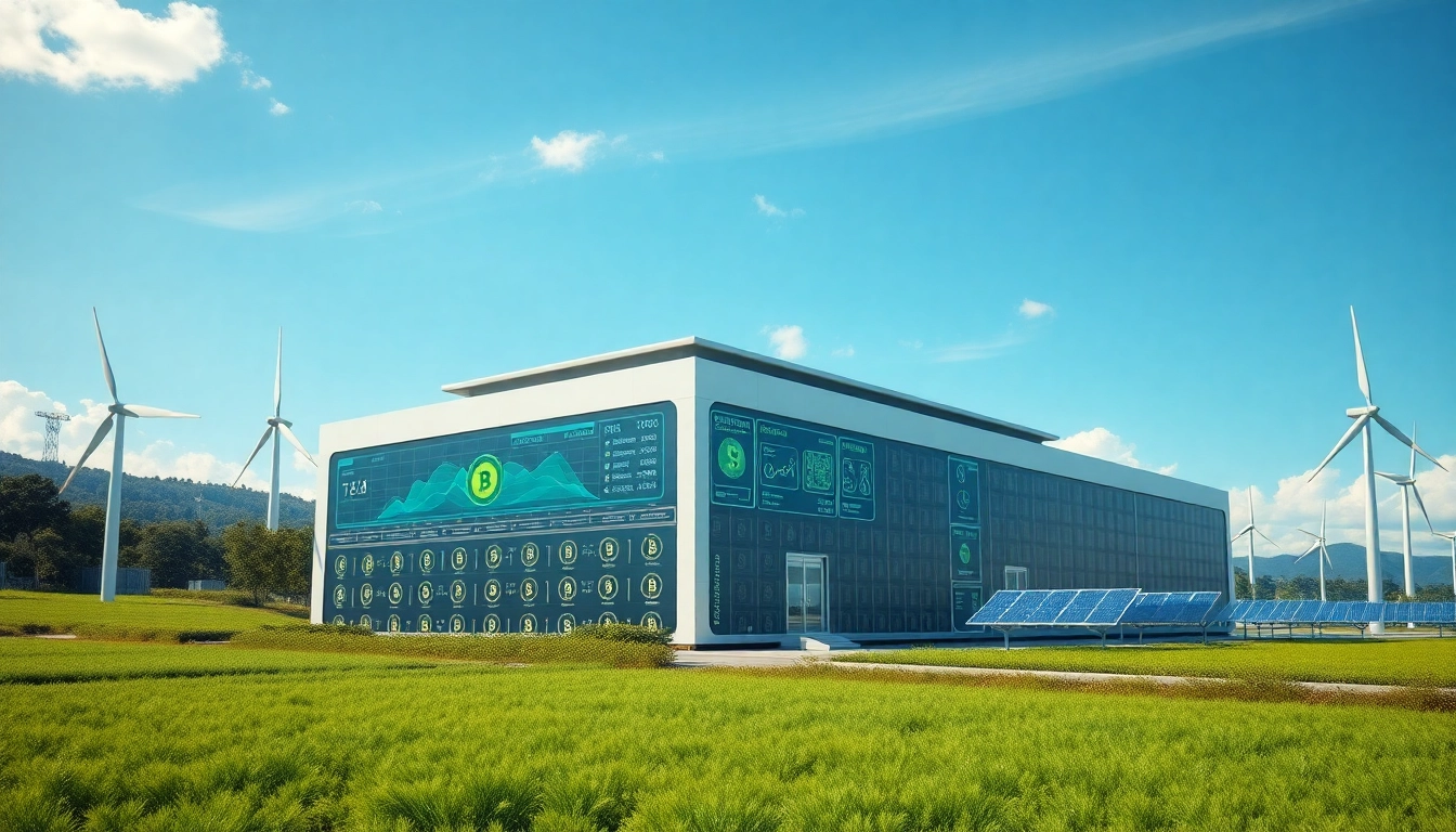 Crypto cloud mining facility with renewable energy sources, showcasing advanced technology and sustainability.
