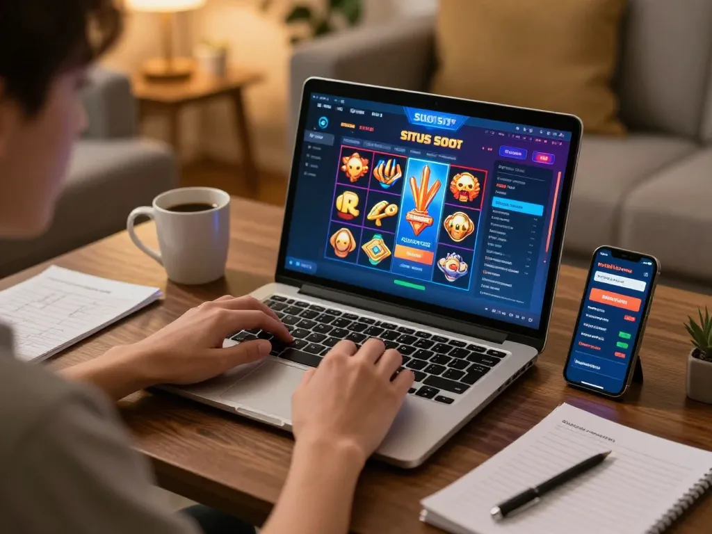 Engaging online gaming experience at situs slot with smartphone and laptop betting strategies visible