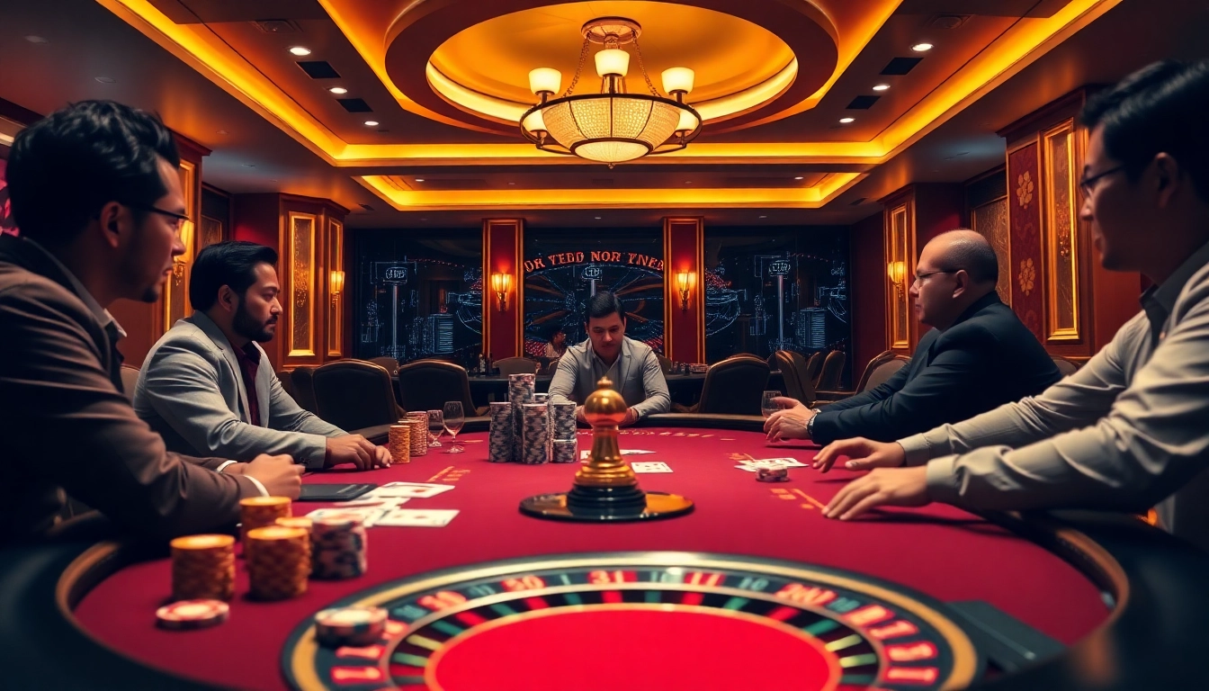 Exciting poker game in a luxurious casino scene at nhà cái thabet with vibrant colors.