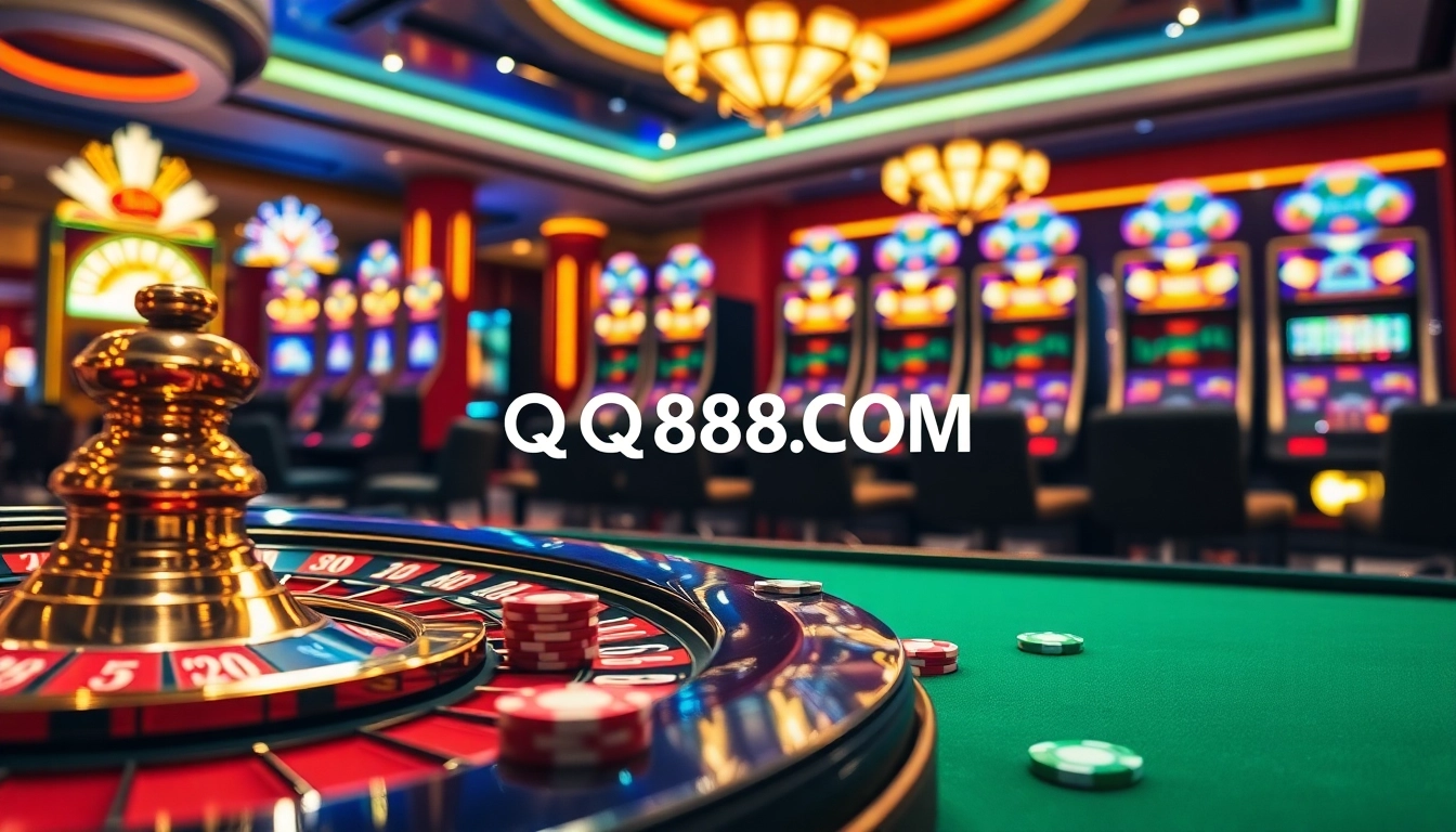 Experience thrilling gameplay at QQ88COM with vibrant casino tables and spinning roulette wheels.