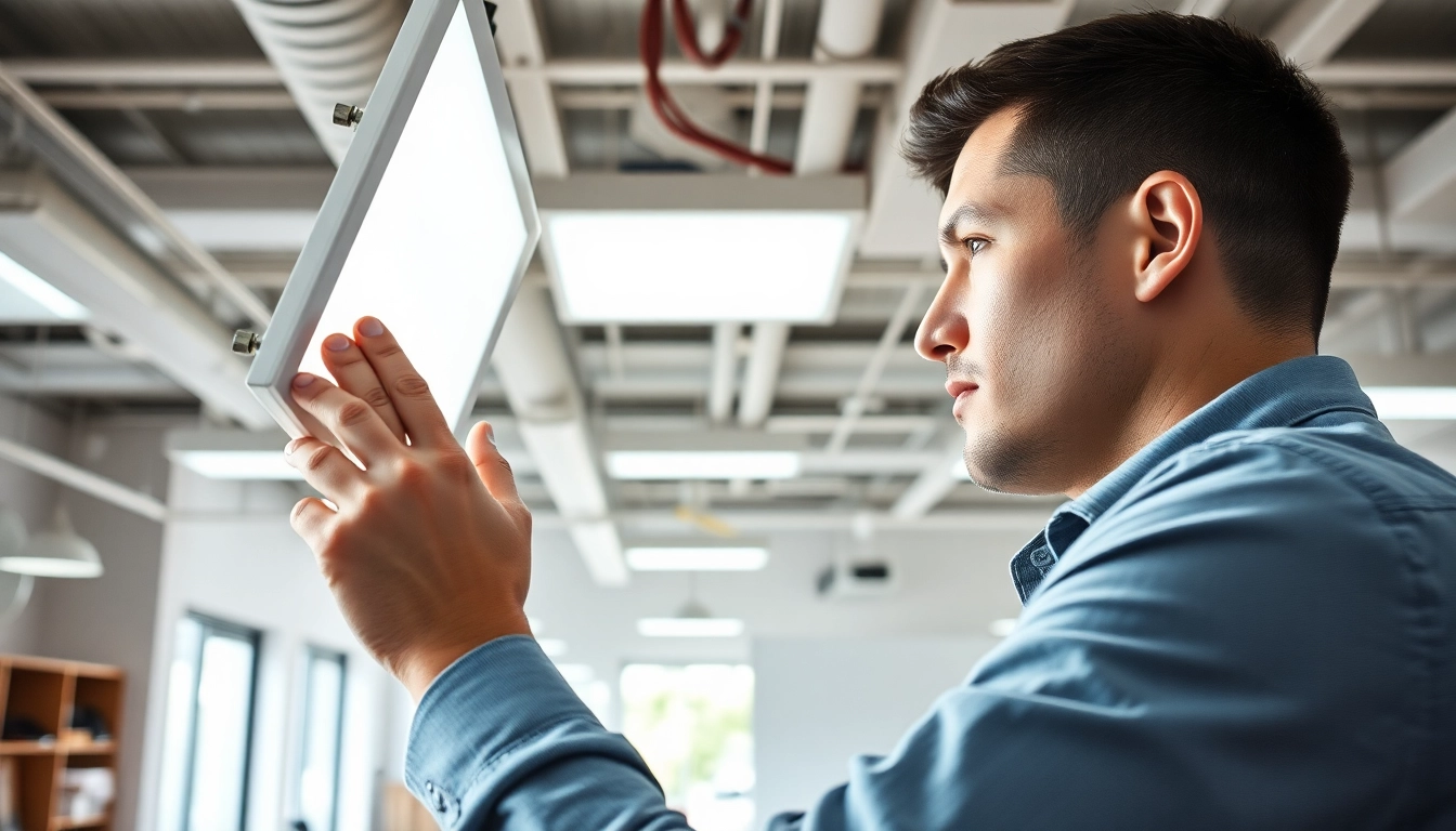 Edmonton lighting maintenance technician inspecting LED panels in a modern office.