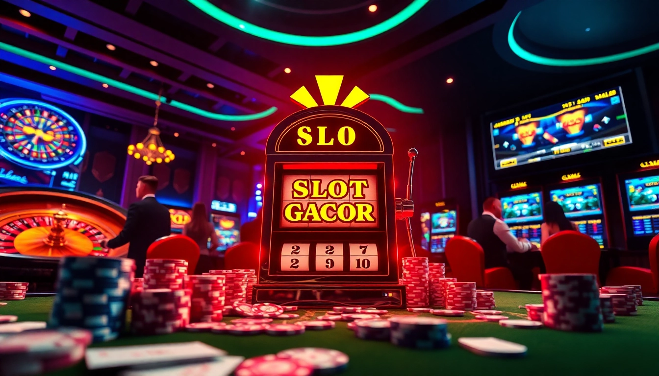 SLOT GACOR themed high-stakes slot machine with colorful betting slips and dynamic lighting.
