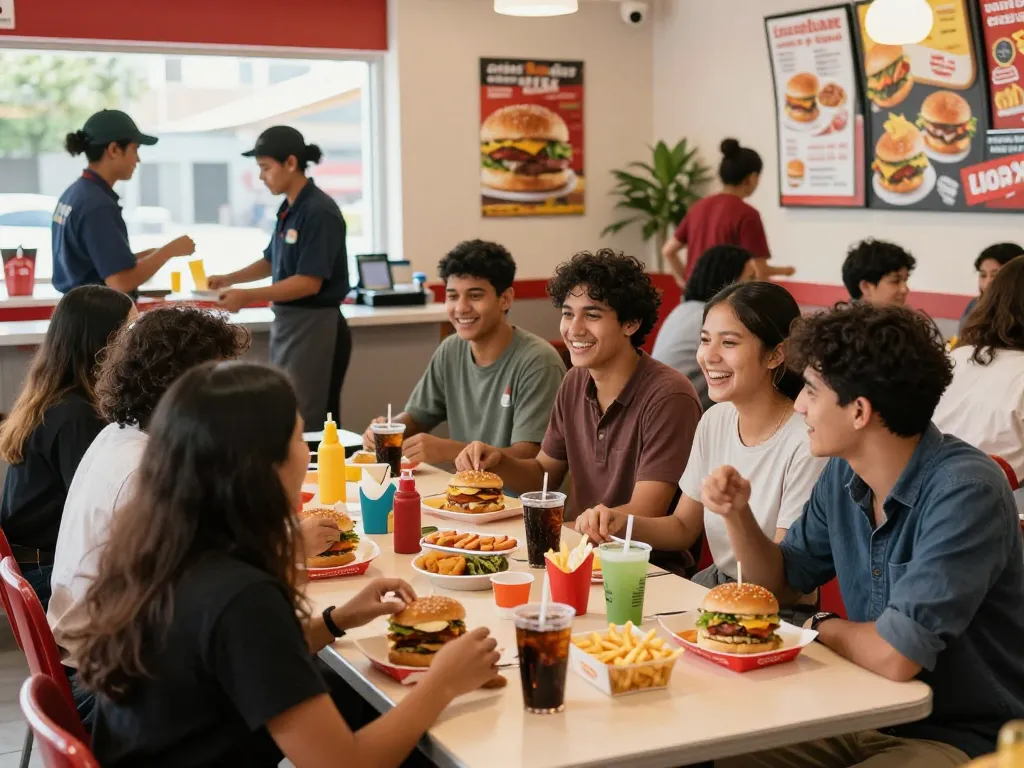 Fast food menu items shared among friends in a lively restaurant
