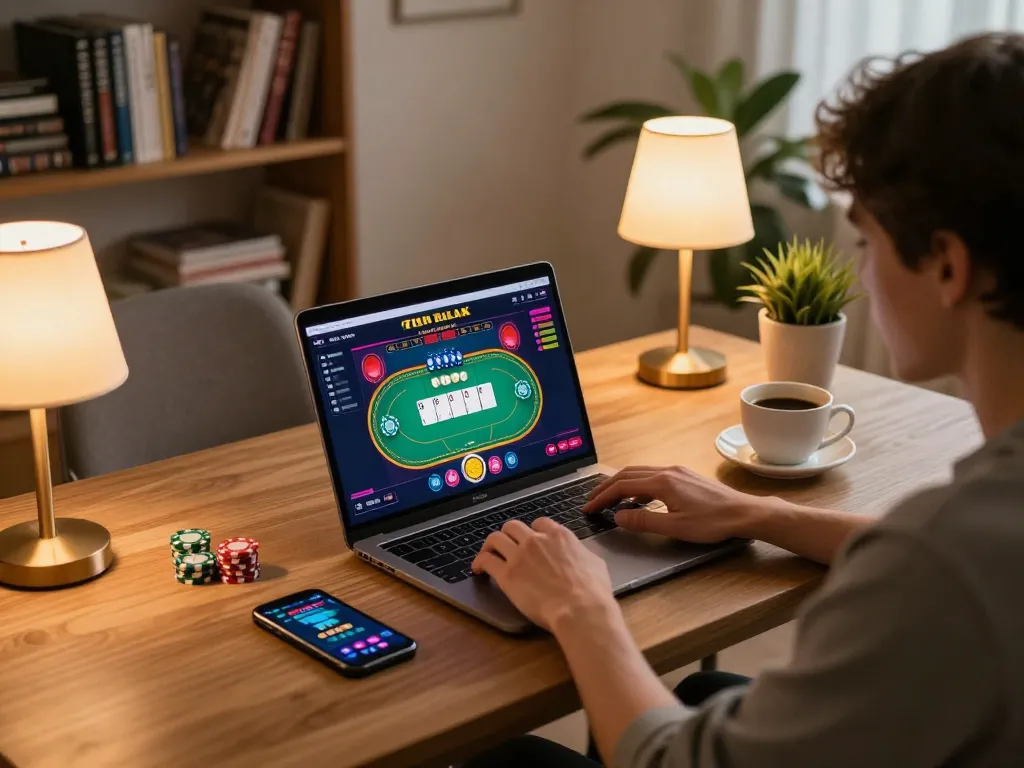 Engaged player exploring https://dola88vn.com/ online poker game on a laptop, comfortable and focused atmosphere.
