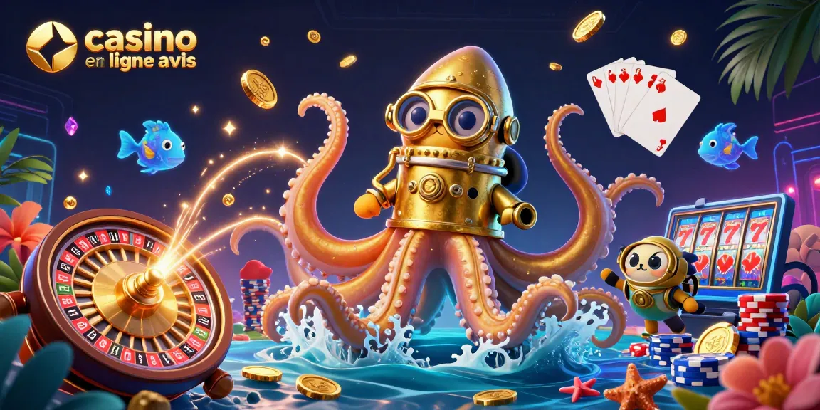 Casino en ligne avis : découvrez cette illustration dynamique avec un kraken et un chat plongeur entourés de jeux et pièces d'or.