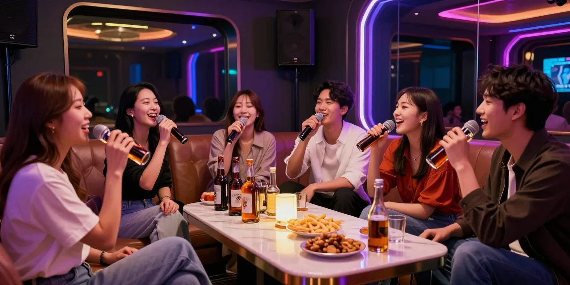 강남가라오케에서 친구들과 함께 즐거운 시간을 보내는 모습, 고급스러운 음향 시스템과 화려한 조명이 특징입니다.
