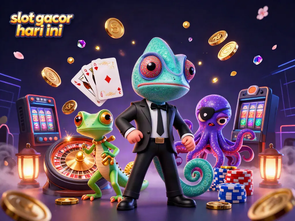 Slot gacor hari ini menampilkan ilustrasi 3D khas kasino dengan karakter menarik dan elemen permainan.
