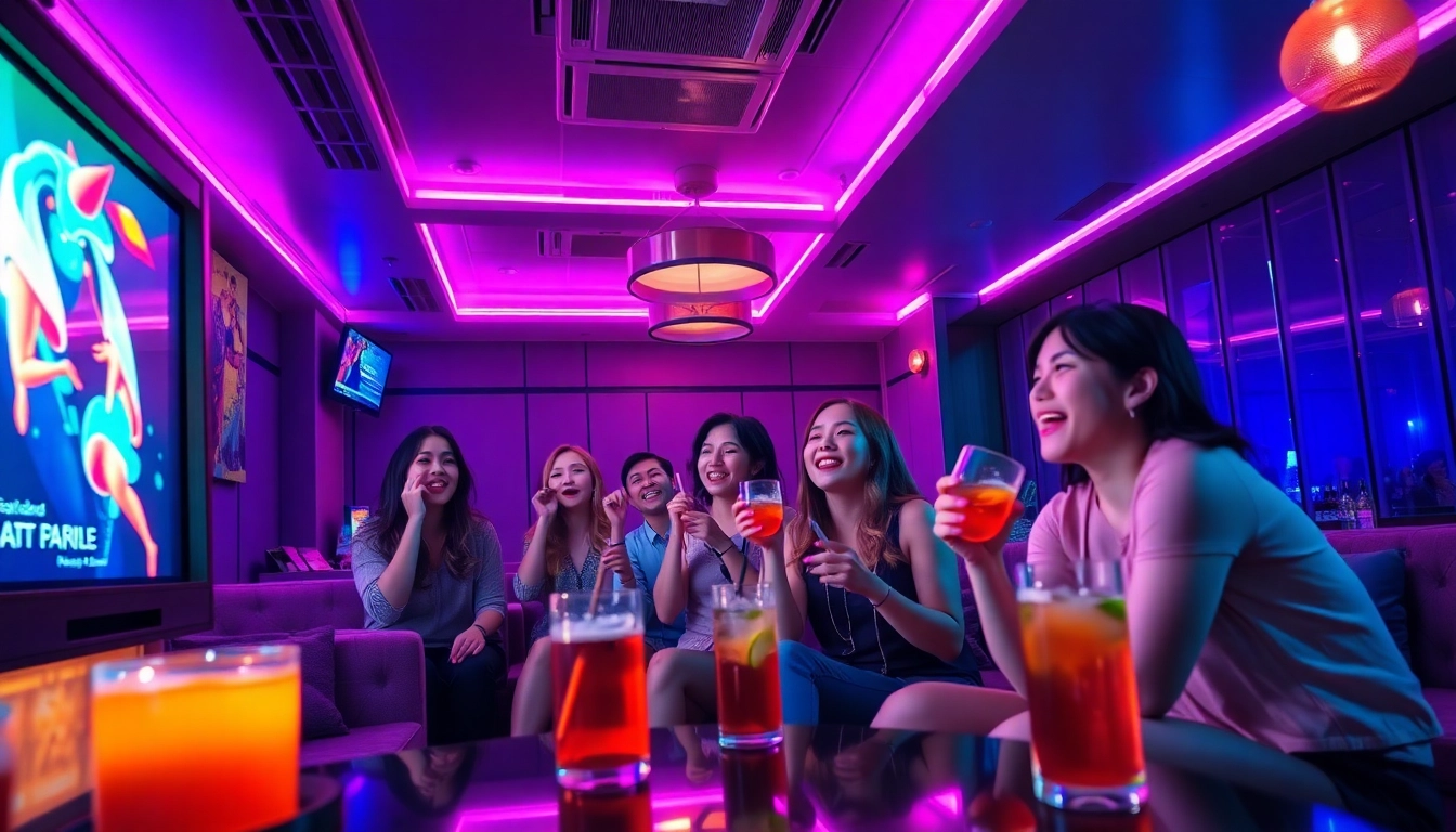 친구들과 함께 활기찬 음악을 즐기며 제주도유흥 분위기를 보여주는 매력적인 노래방 밤.