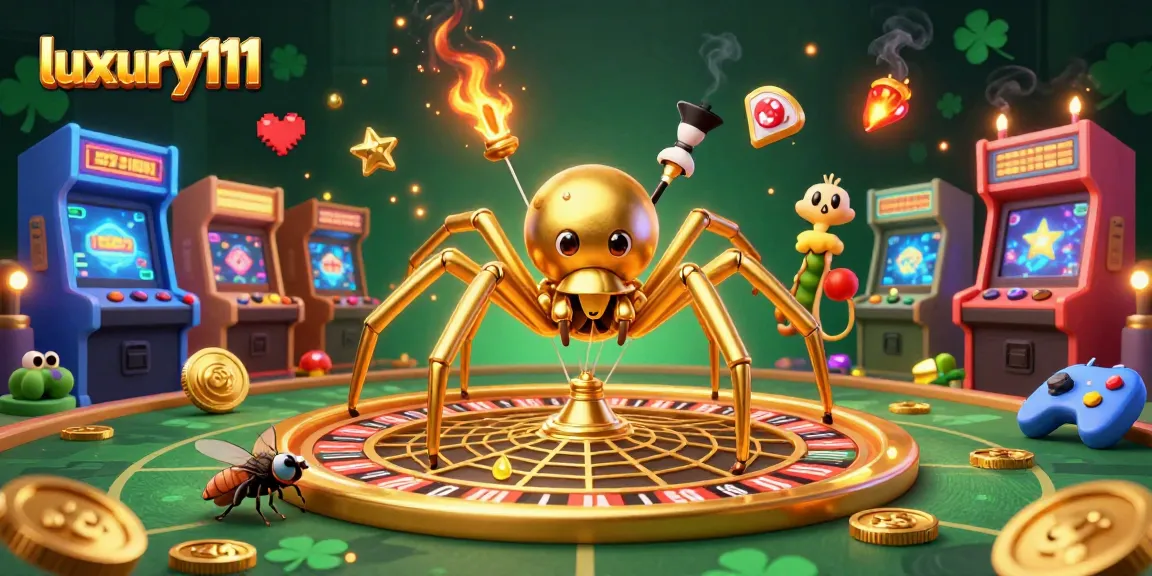 Experience the excitement of luxury111 as a golden spider spins a roulette web amid a vibrant casino realm.