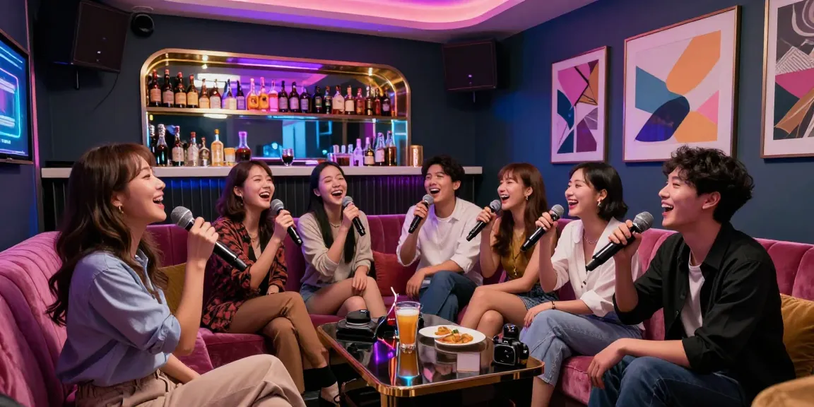 강남구구단에서 프리미엄 가라오케를 즐기는 고객들이 웃으며 노래하는 모습