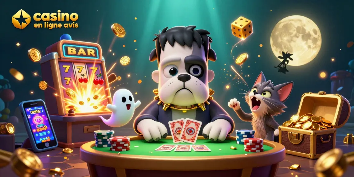 Avis de casino en ligne : critique avec un bulldog Frankenstein, un chat loup-garou et une ambiance de jeu festive.