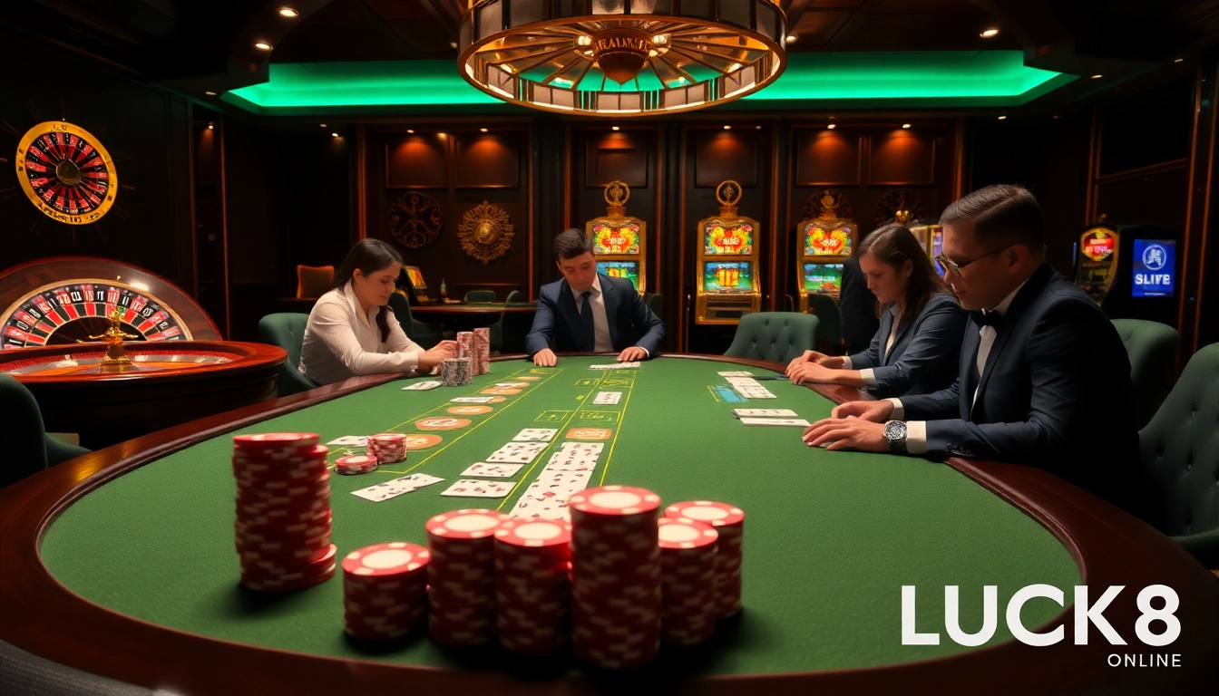 Engaging scene at LUCK8 casino with players at a poker table amidst vibrant casino elements.
