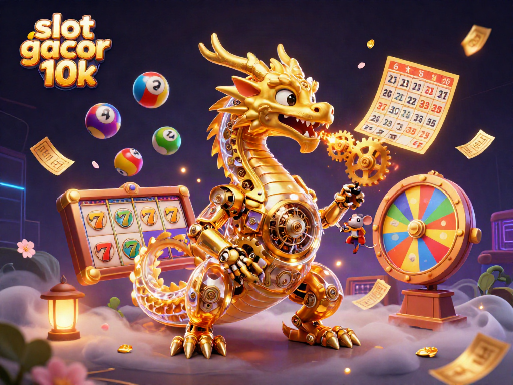 Engage with the exciting visual of slot gacor 10k featuring a golden dragon, dynamic slot reels, and energetic gameplay elements.
