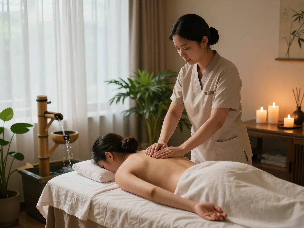 편안한 장식과 부드러운 조명이 있는 고요한 스파 환경에서 치평동마사지 치료를 제공하는 치료사.