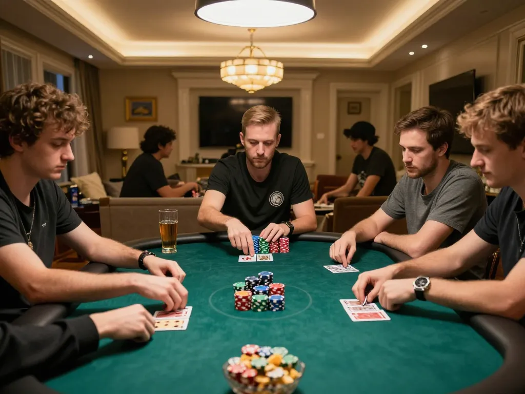 SBOBET poker players enjoy a strategic game night surrounded by friends and snacks.