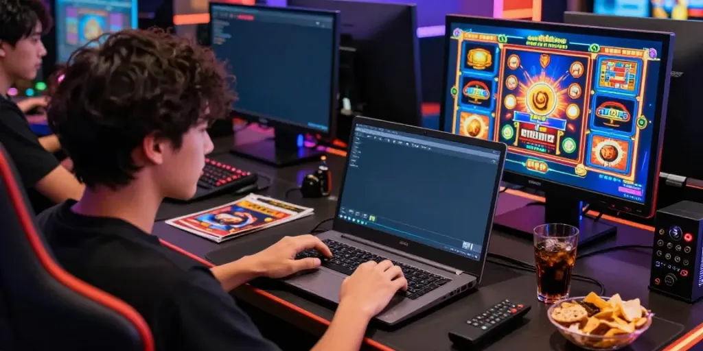 Engaged player experiencing ORION88’s online gambling platform at a vibrant gaming setup.