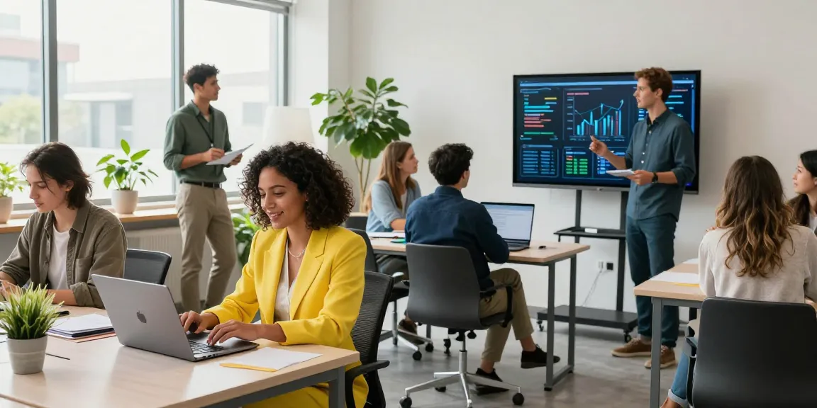 Colaboradores trabajando en hosting en México con laptops y pantallas interactivas.