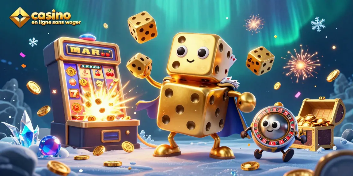 Jouer à casino en ligne sans wager avec des dés dorés et une machine à sous remplie de pièces d'or.