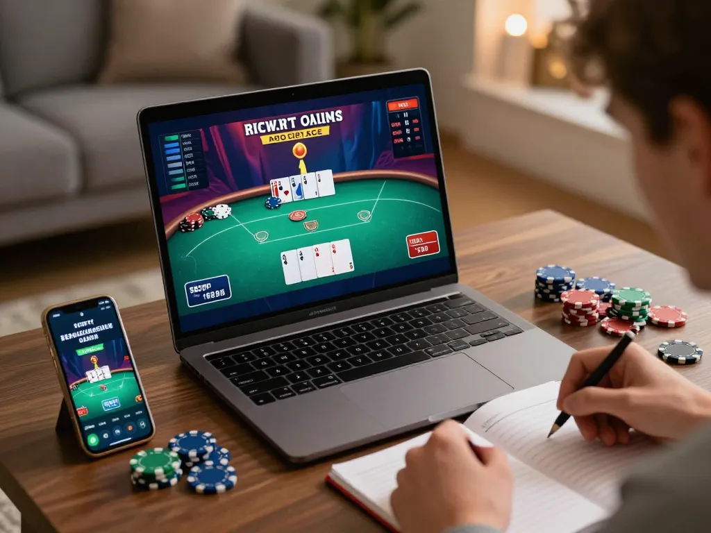 Player engaging in online poker using 92slot com app on a laptop, showcasing strategy and decision-making