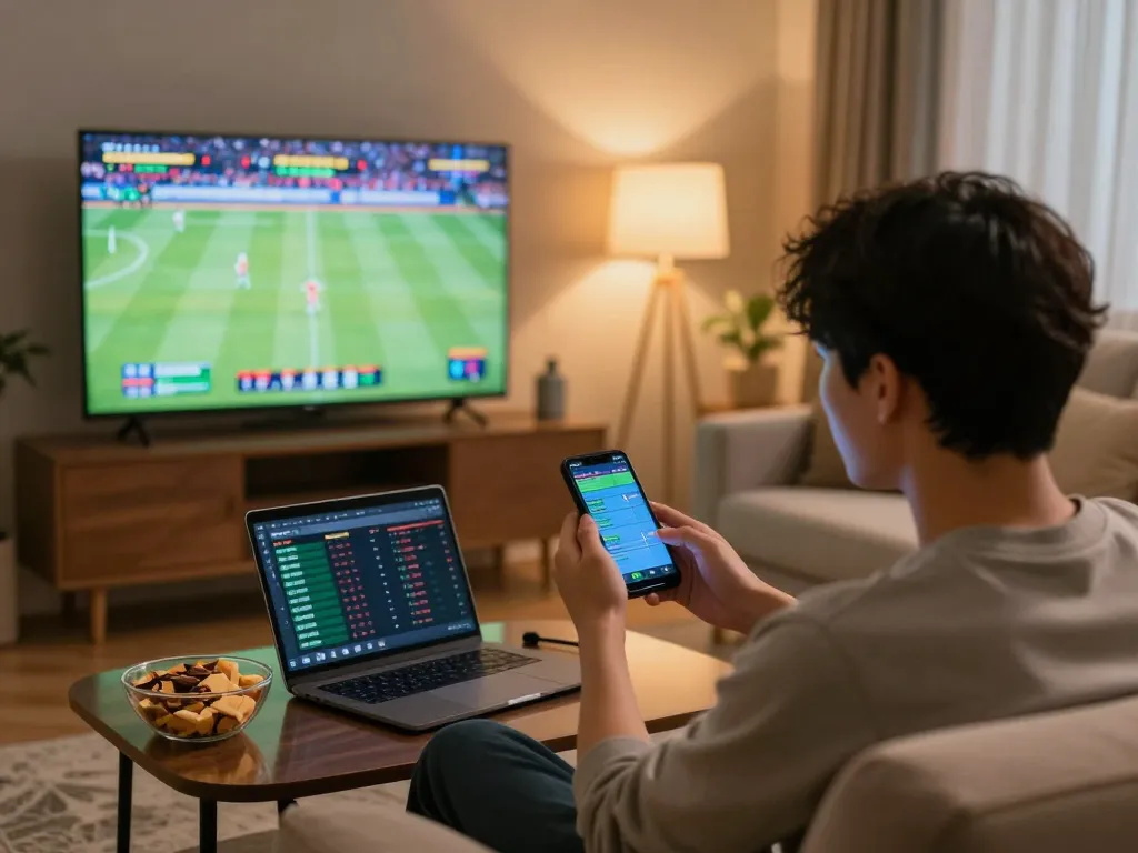 Xoilac sports betting setup, showing a person placing bets on a mobile app while watching a game.