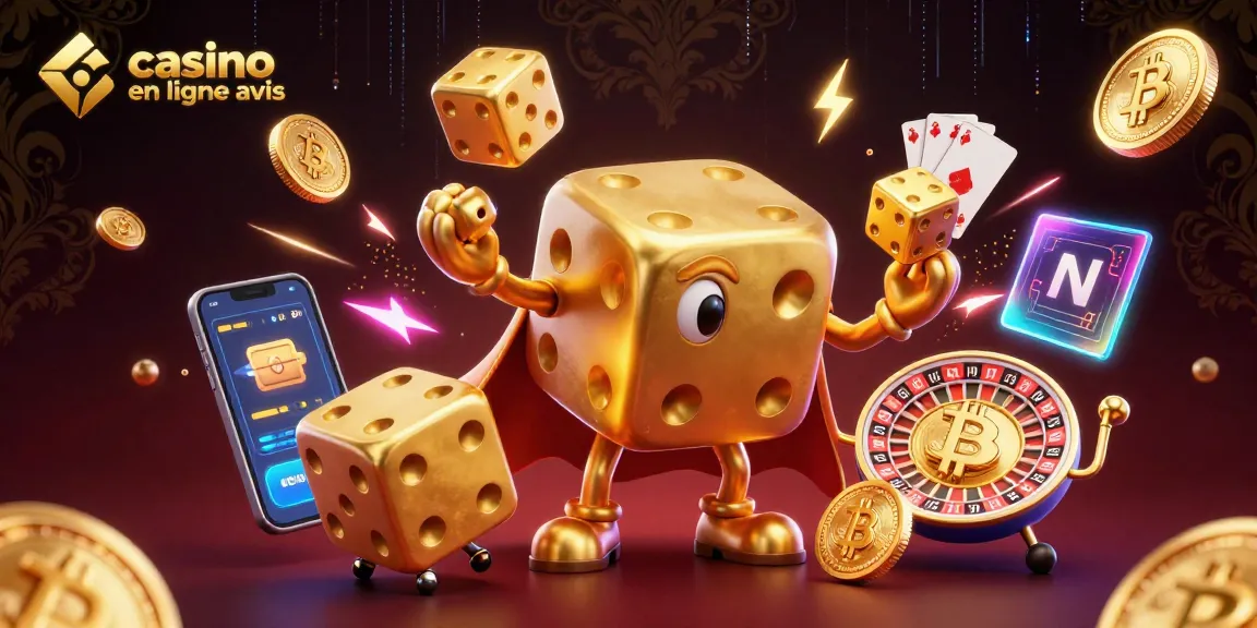 Visuel captivant sur les casinos en ligne, casino en ligne avis mettant en avant des éléments de jeu et des pièces de crypto-monnaie.