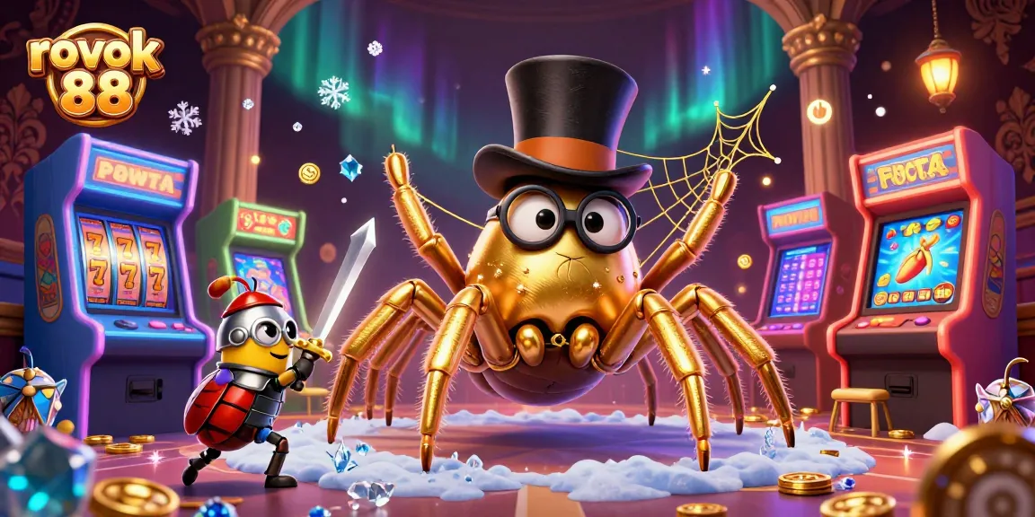 Engage with rokok 88's dynamic casino scene featuring a golden tarantula and beetle knight amidst vibrant slot reels.