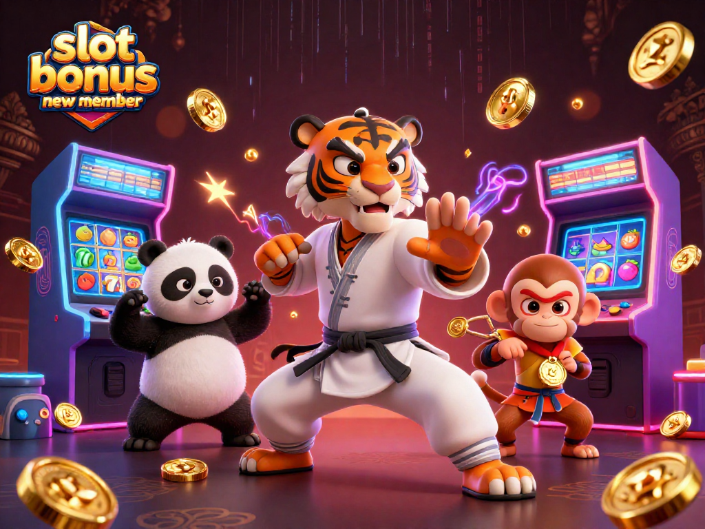 Capture the excitement of slot bonus new member offers with a vibrant 3D illustration showcasing colorful gaming elements and characters.