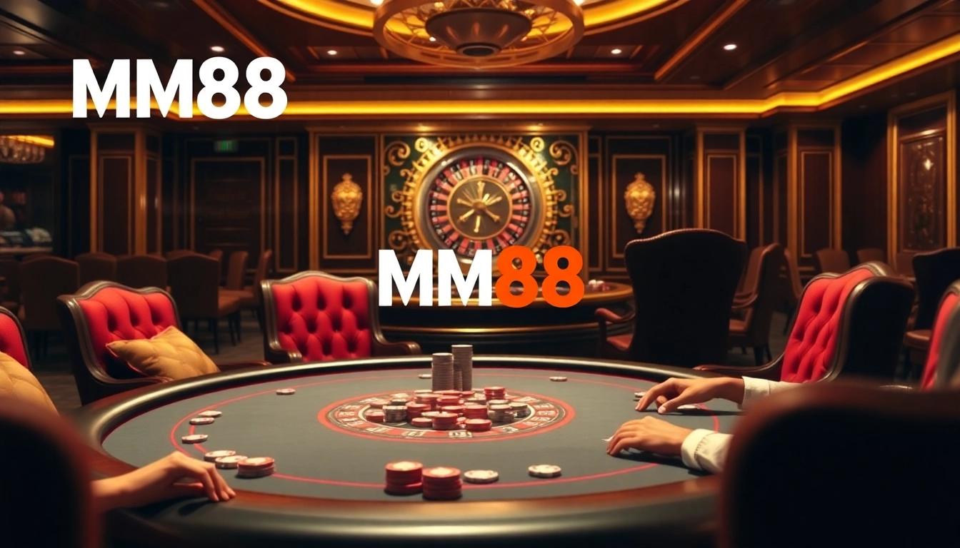 Players enjoy high-stakes poker at MM88's luxurious casino, highlighting excitement and strategy.