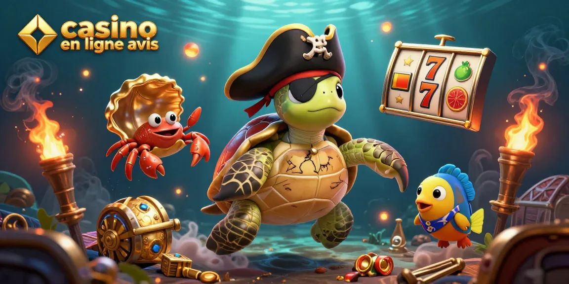 Images captivantes de casino en ligne avis avec des tortues pirates et des symboles de jackpot.