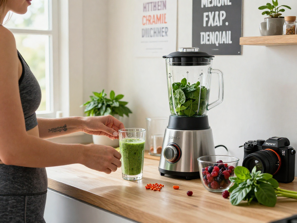 Preparing a vibrant smoothie with natural astaxanthin supplements in a bright kitchen.