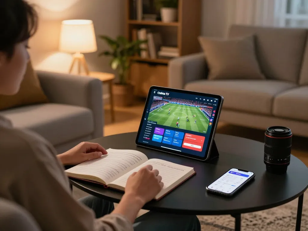 Cakhia TV streaming live football matches on a tablet in a cozy home environment, showcasing responsible online gaming.