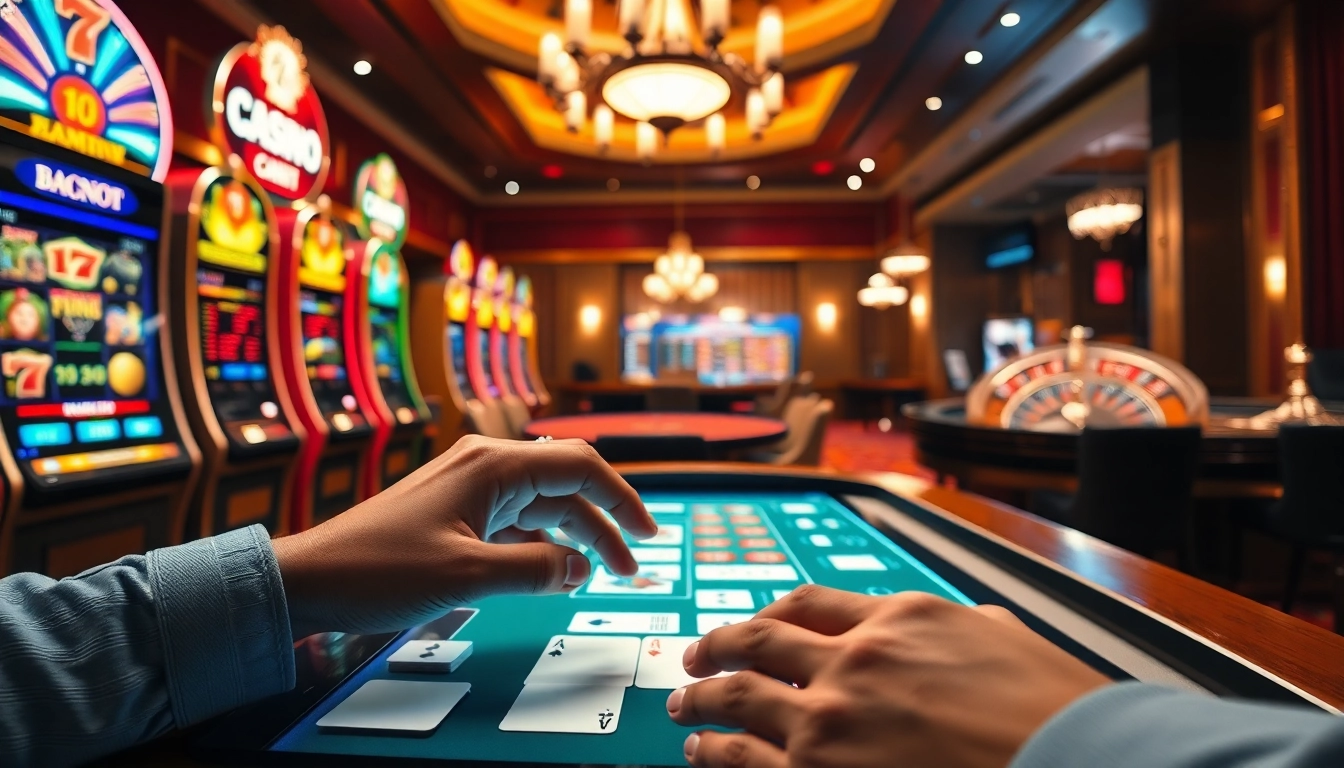 Scène de casino en ligne mettant en vedette des machines à sous vibrantes, des tables de poker et des roues de roulette, montrant une atmosphère de jeu animée.