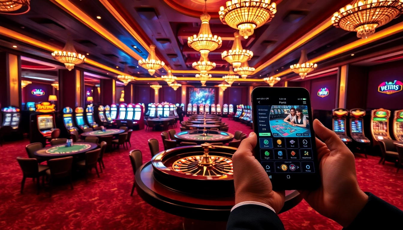 Une ambiance animée de casino en ligne avec des joueurs profitant du poker et de la roulette, mettant en avant l'excitation et le luxe.