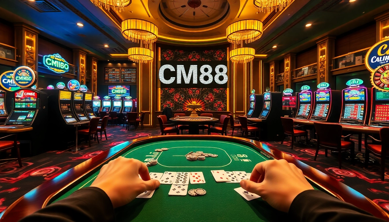 Experience high-stakes action at the CM88 casino, featuring vibrant gaming tables and exciting slot machines.