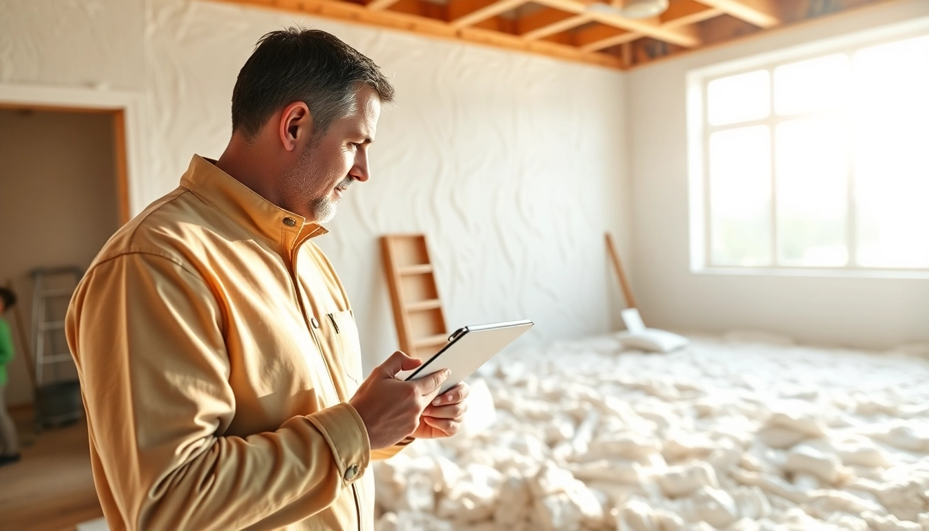Analyzing spray foam survey fail during insulation inspection in a bright room.