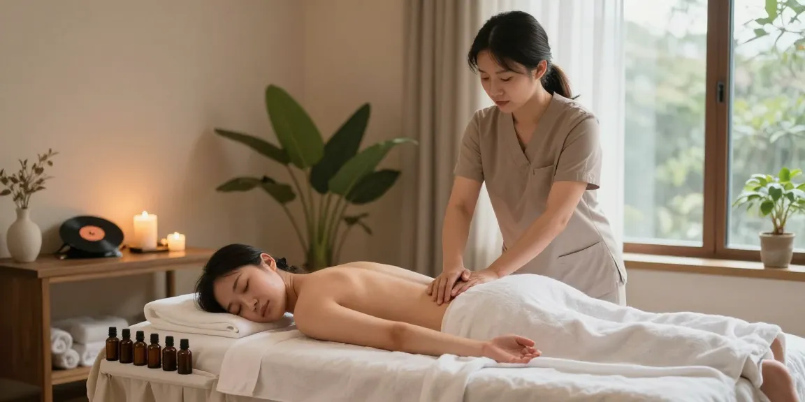 스웨디시 마사지가 진행되는 안락한 스파 내부, 아로마 오일과 수건이 정리되어 있는 모습