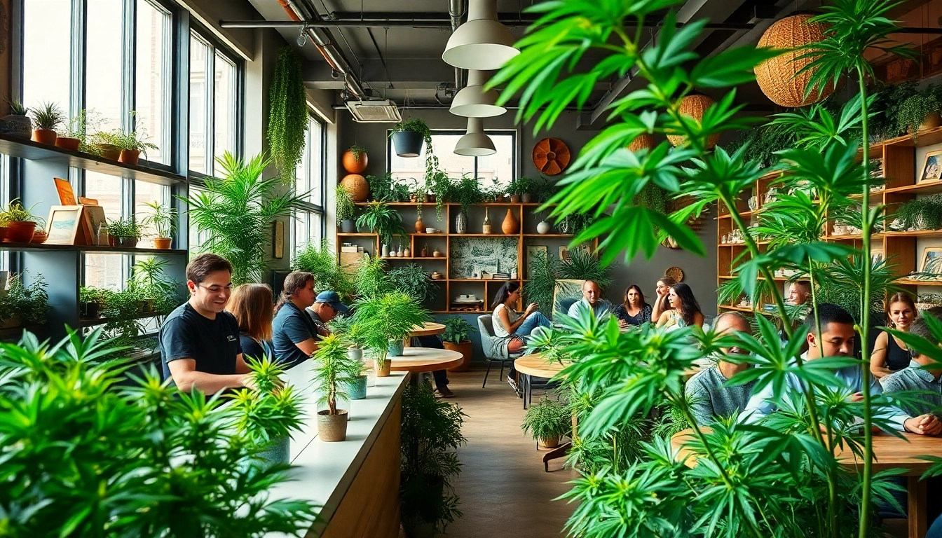 Montrez le Green Guyz club cannabis madrid avec un intérieur accueillant et des clients heureux.