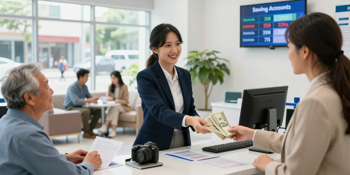Banking scene with customers depositing 5000 dollars, showcasing trust and a welcoming environment.