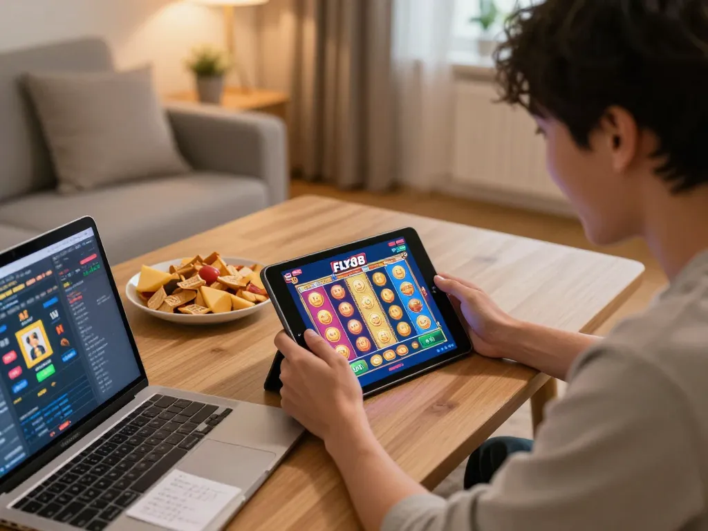 Playing online slots on trang chủ fly88 in a cozy home setup with exciting game display