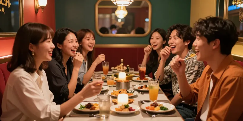 강남구구단에서 친구들과 함께 즐거운 저녁 시간을 보내는 모습