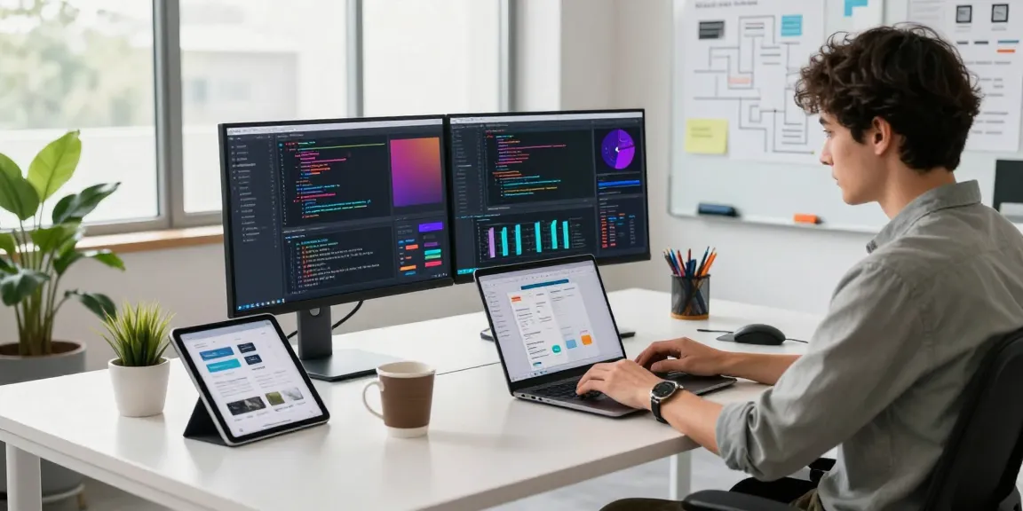 Showcasing the 纸飞机下载 experience in a dynamic tech workspace with coding displays, modern equipment, and an inviting ambiance.