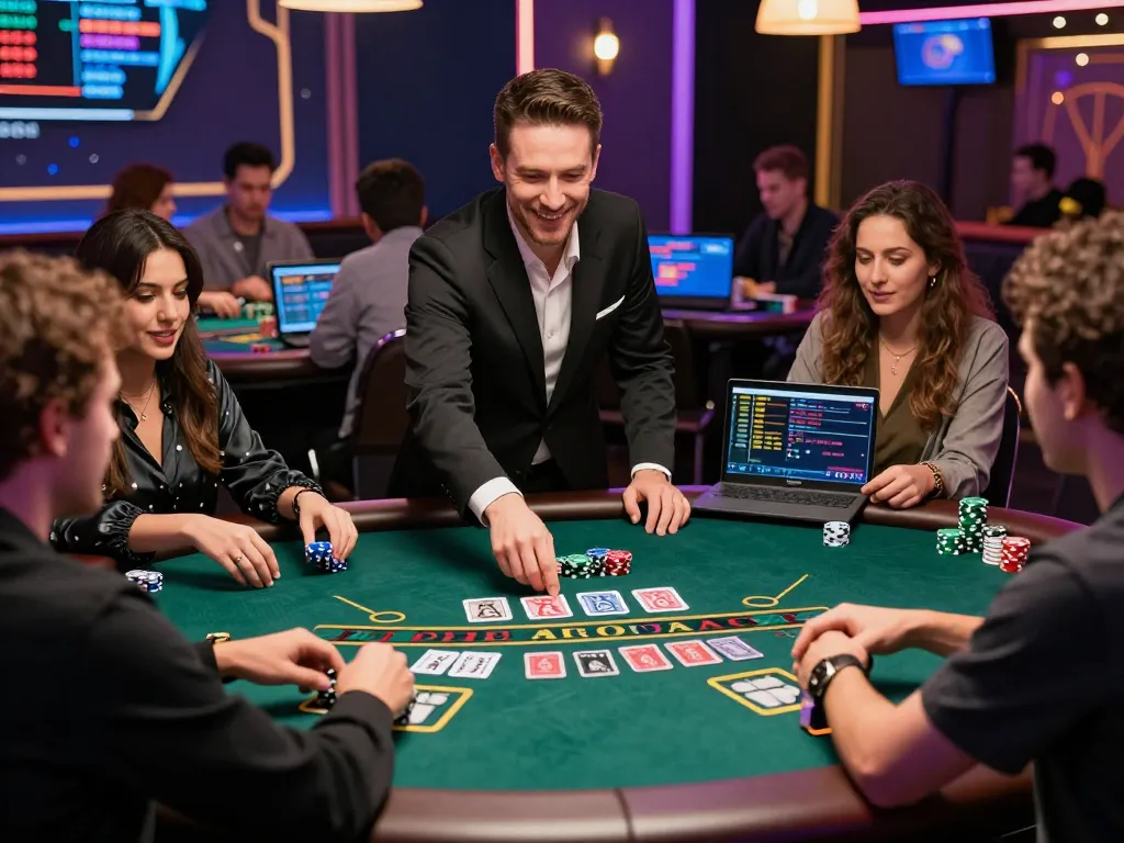 Engaged players at a 바카라사이트 enjoying a lively baccarat game with a professional dealer, highlighting online gaming excitement.