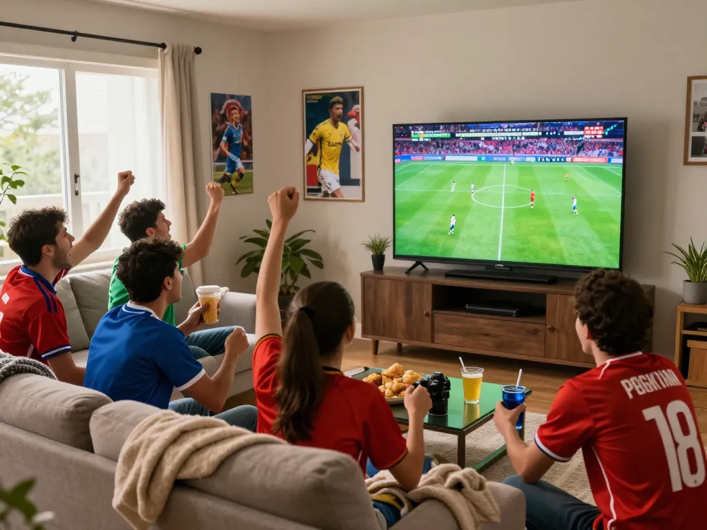 Fans enjoying a Cakhiatv football match in a lively living room setting.