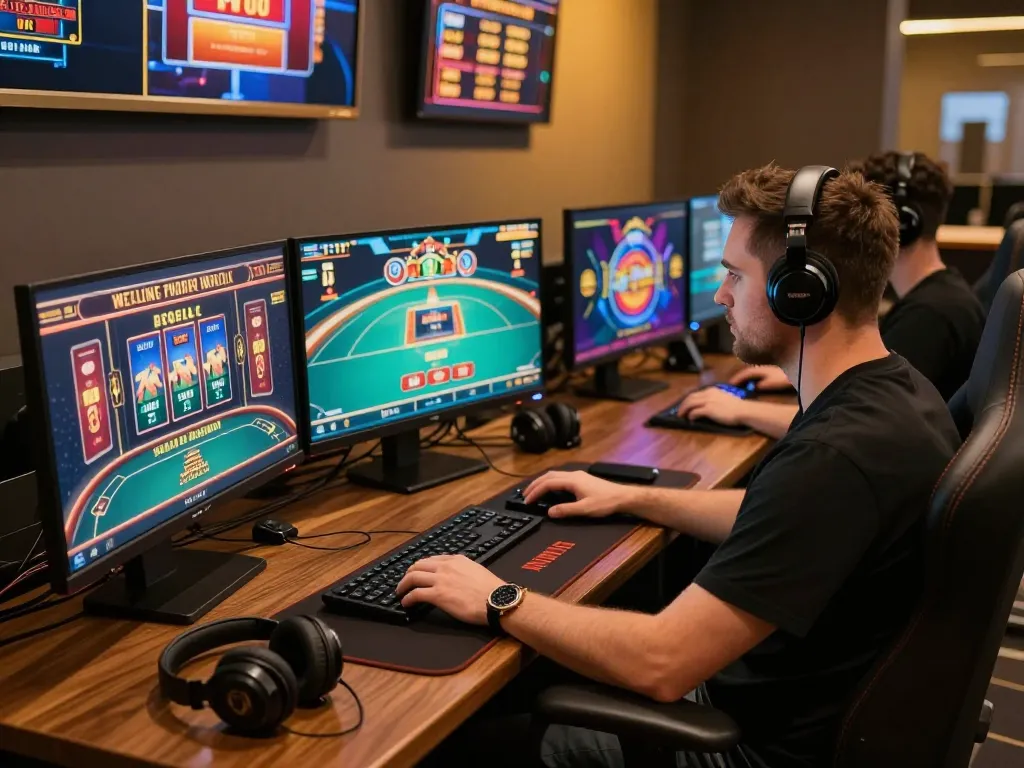 Experience engaging online gaming at https://go88vip.it.com/ with a dynamic setup featuring multiple screens and sleek accessories.